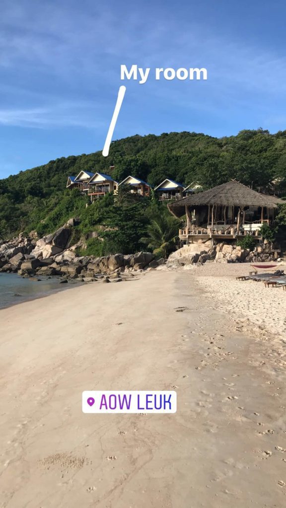 Sandy beach and hotels on the hill in Aow Leuk, Koh Tao Thailand