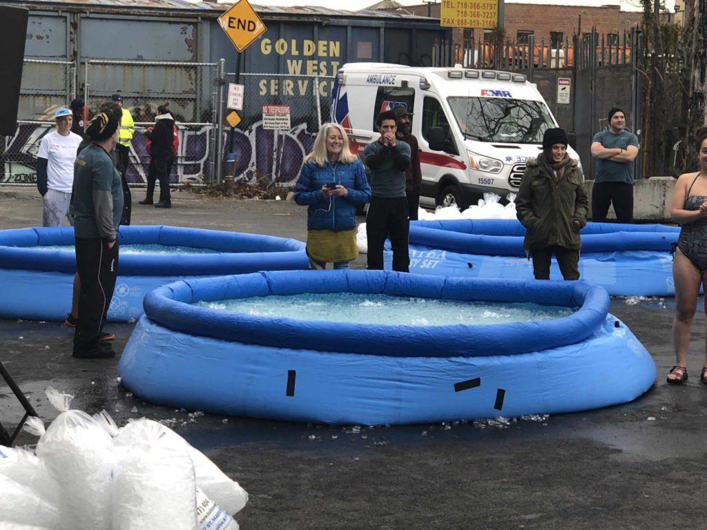 Blue pools filled with ice in Brooklyn for Wim Hof