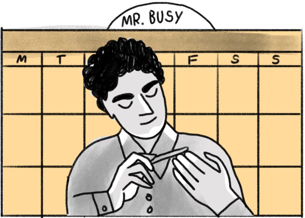Man standing in a front of calendar filing his nails. Above him 'MR BUSY' banner.