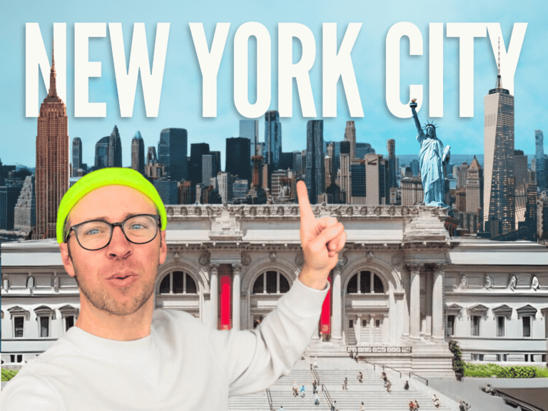 Header text: New York City, New York City skyline with the Statue of Liberty, One World Trade, Empire State Building, and The Met.