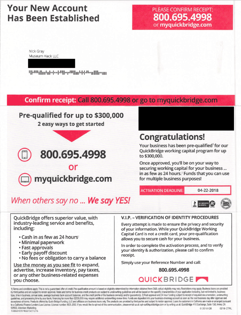 single page printout that says: Your new account has been established