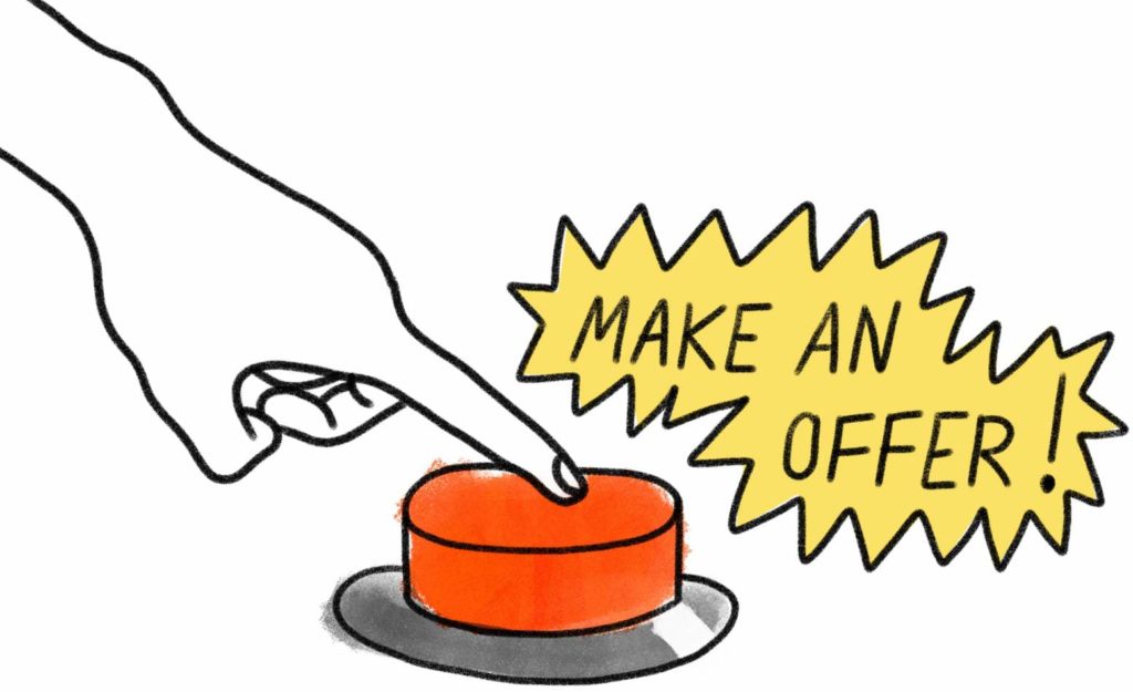 cartoon hand pressing a red button that says MAKE AN OFFER