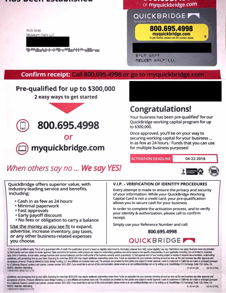 quickbridge mail with scam credit card