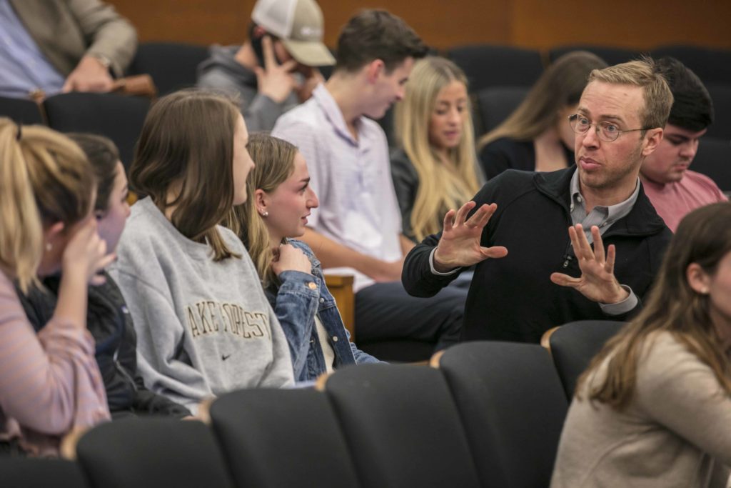 Nick Gray answering student questions at Wake Forest University