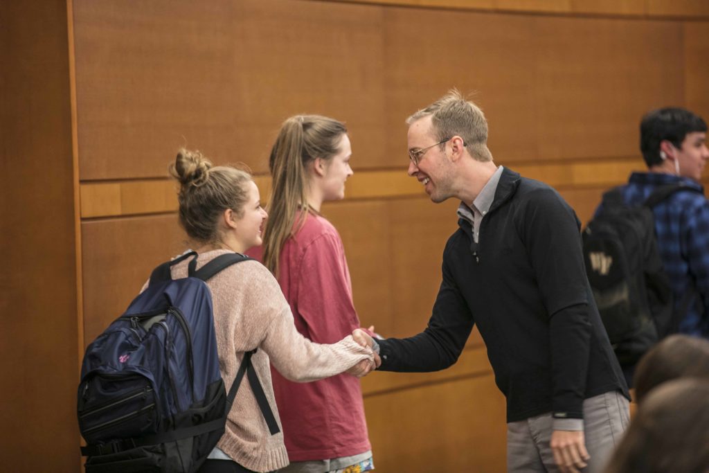 Nick Gray meeting the students at Wake Forest Center for Entrepreneurship