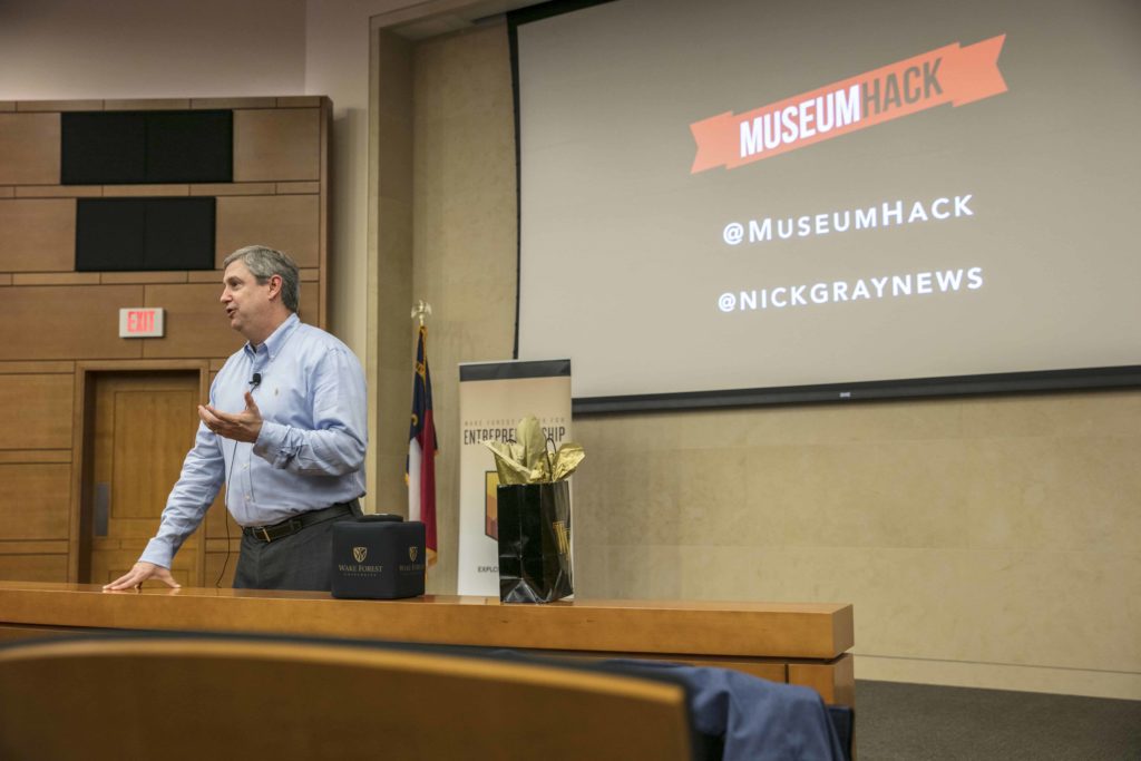 Dan Cohen introducing Nick Gray to students of Entrepreneurship at Wake Forest University