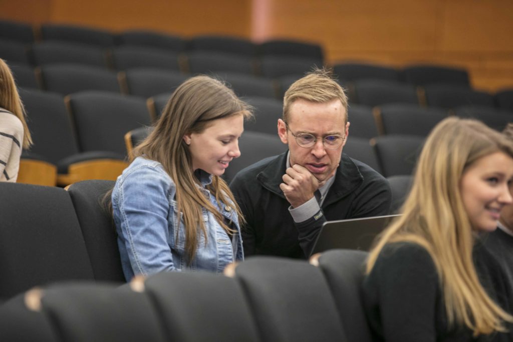 Speaking with student at Wake Forest Center for Entrepreneurship
