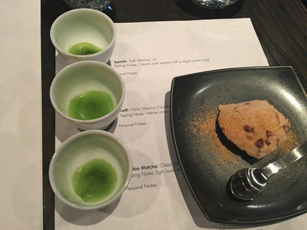 Three samples of matcha, and the sweet we were served (with almonds: it was delicious).