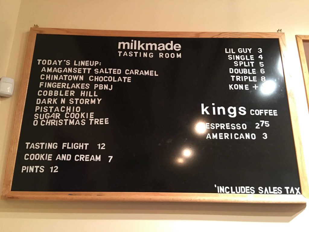 The MilkMade Tasting Room Menu on the evening of 9 January 2016.