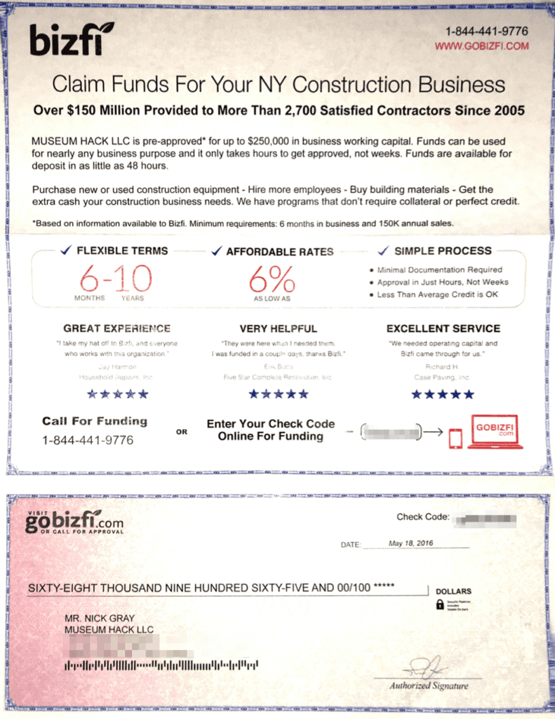 Bizfi small business financing direct mail letter