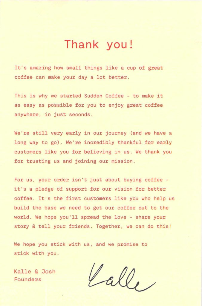 a Thank You note from Sudden Coffee