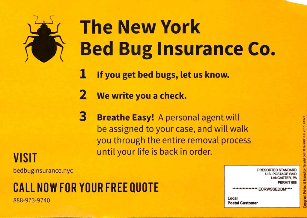 picture of a postcard, orange with black text, says: The New York Bed Bug Insurance Company