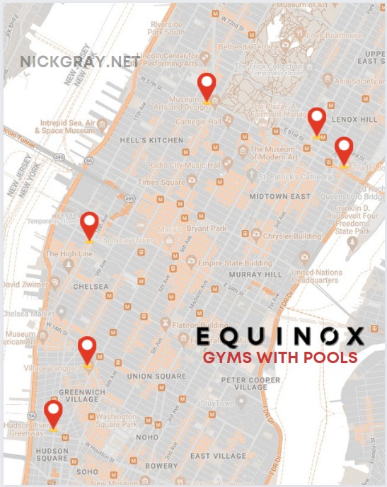 Map with pins showing the locations of Equinox gyms with pools in Manhattan