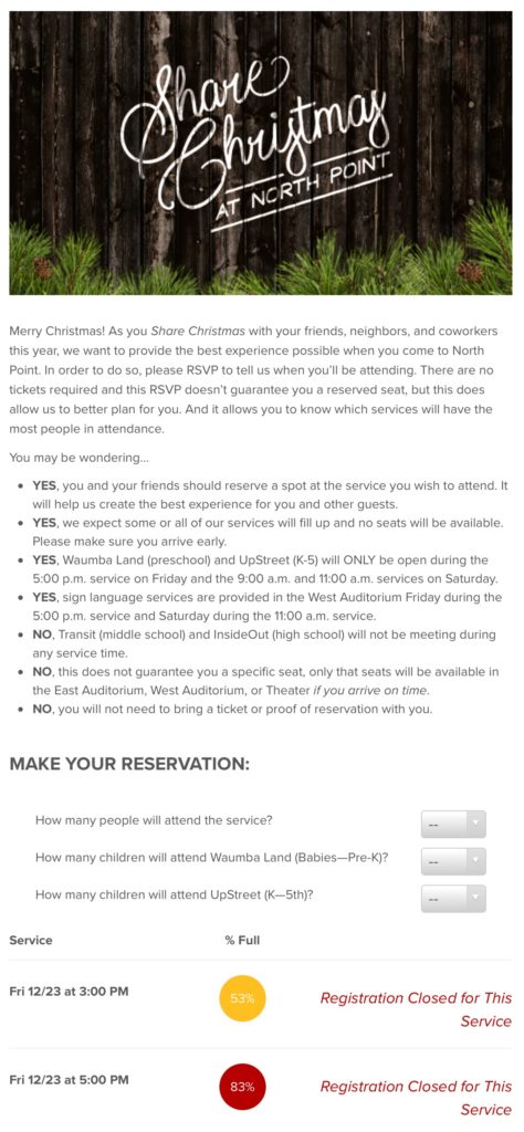 Reservation request on the North Point website for Christmas Eve 2016 service