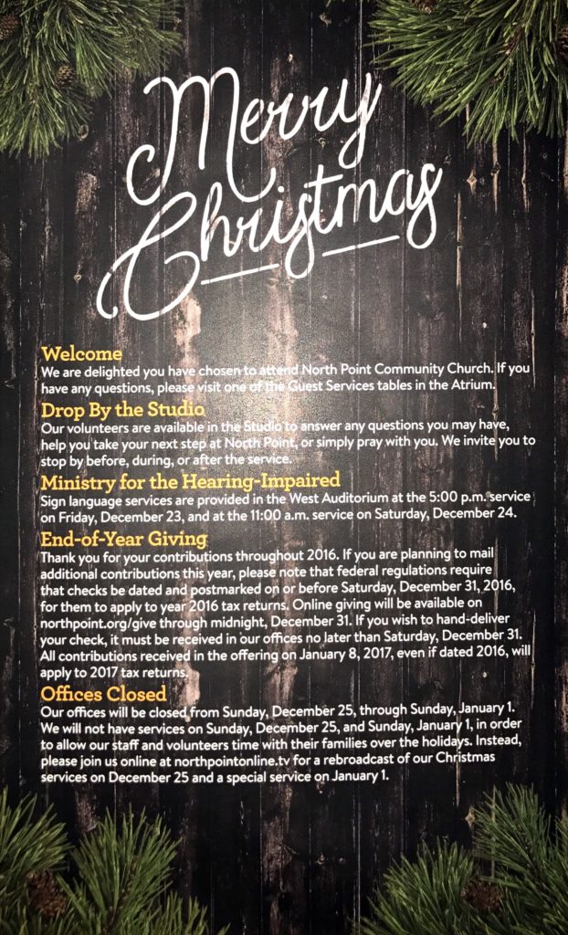 Back of North Point Church 2016 Christmas service brochure