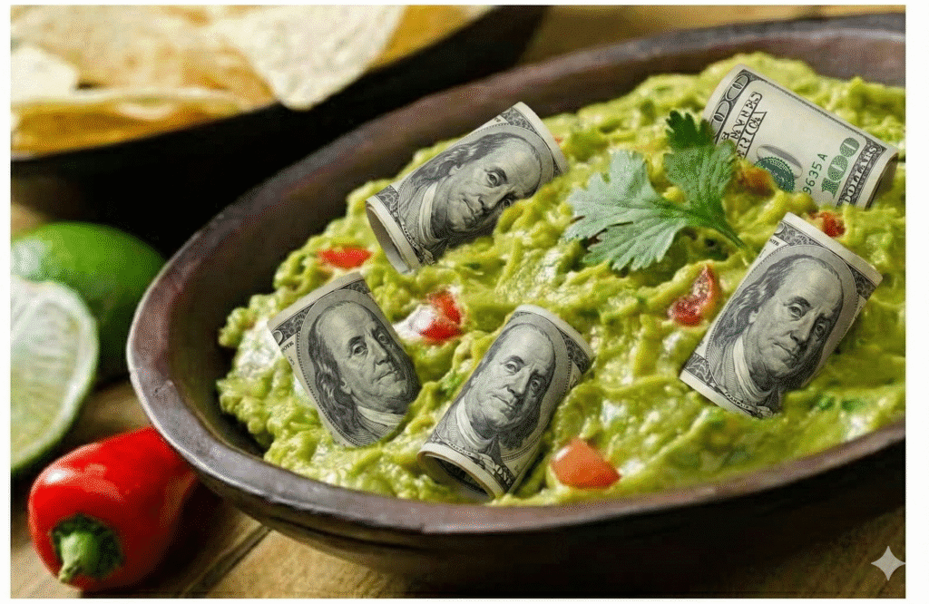 bowl of guacamole with $100 bills rolled up