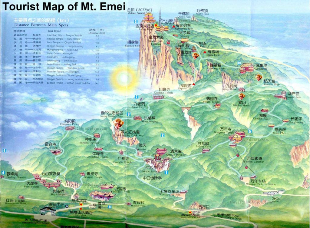 Tourist Map of Mt Emei with many Chinese characters