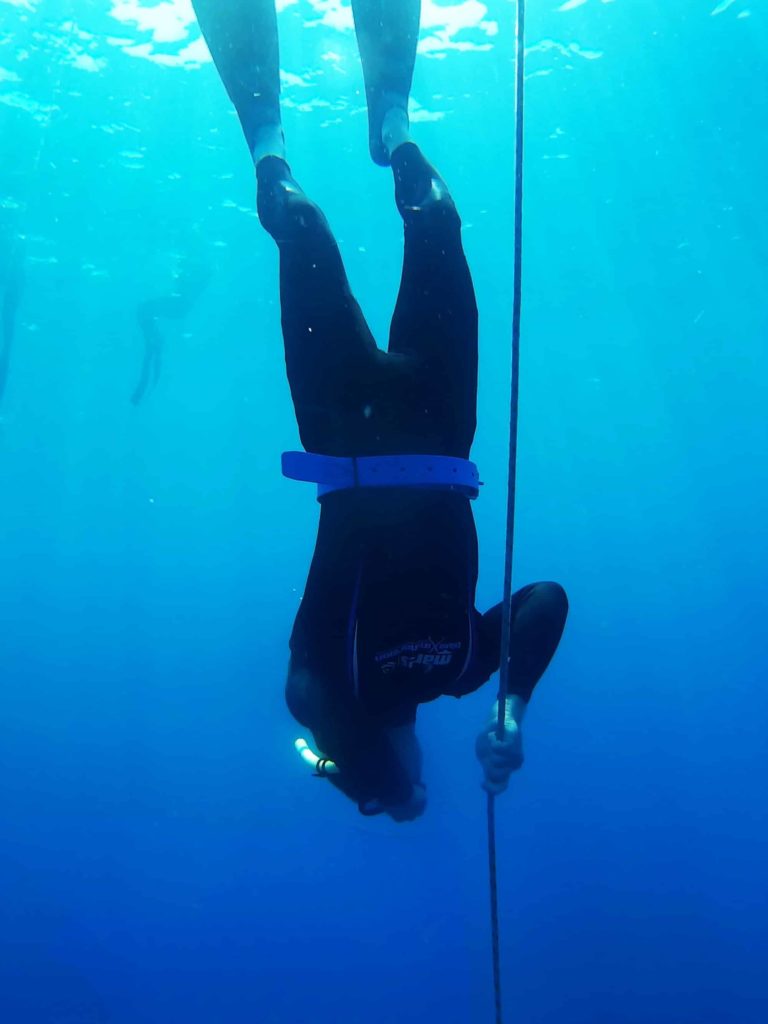 Blue water and diver wearing all black wetsuit, diving inverted