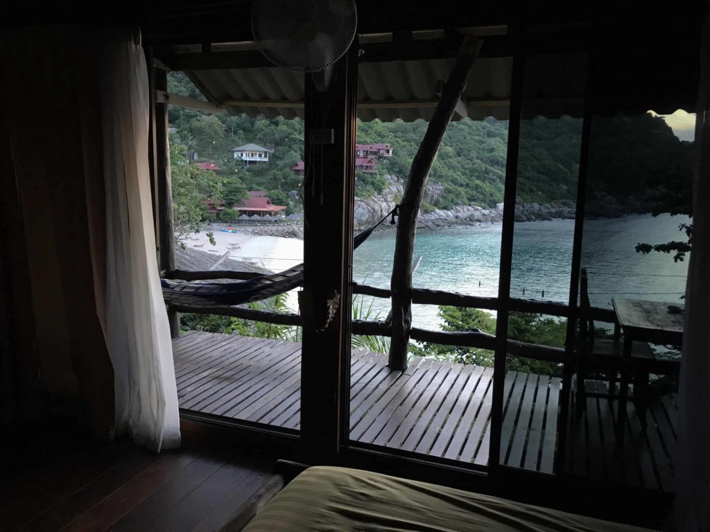 Indoors, looking outside on Aow Leuk beach on Koh Tao, Thailand