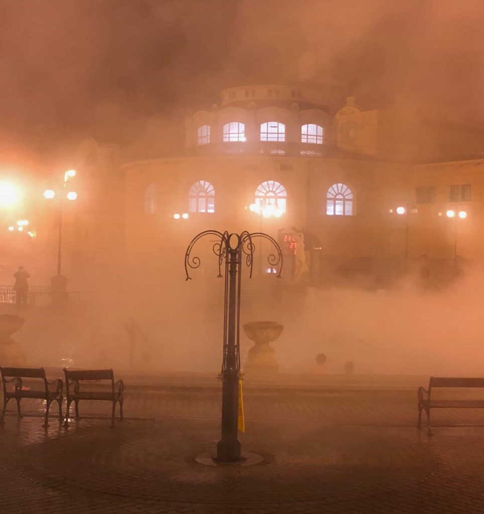 Steamy night view of the outdoor baths