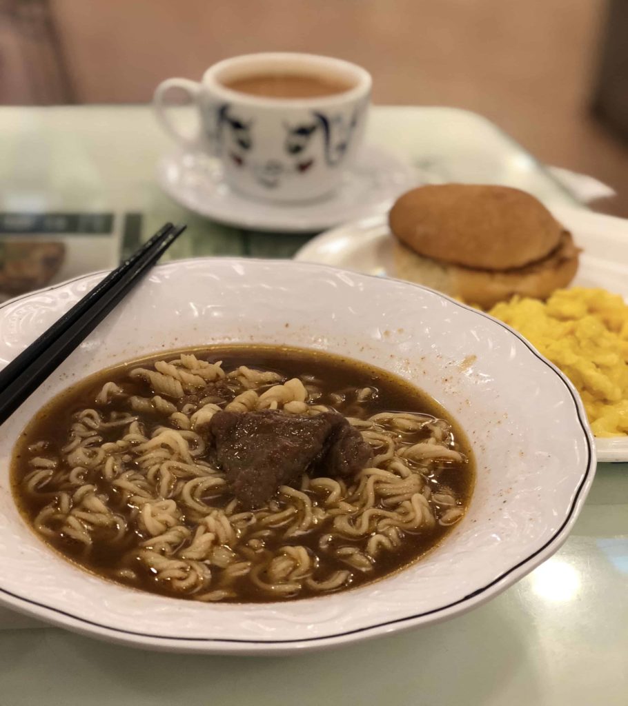 Breakfast at Tsui Wah - Satay beef with instant noodles, eggs, bread, and famous Hong Kong milk tea