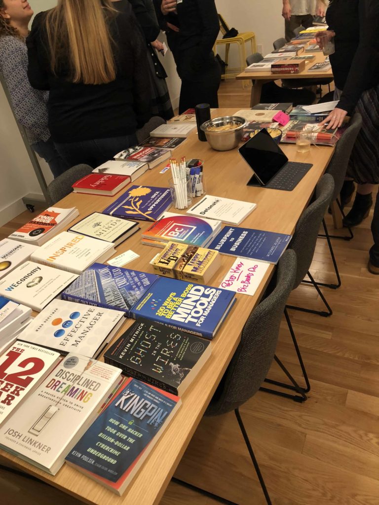 Table with books for a book swap in Manhattan