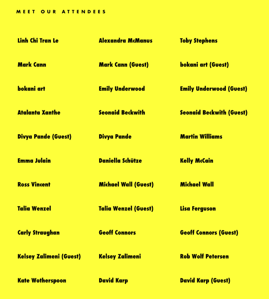List of names, black letters on a yellow background