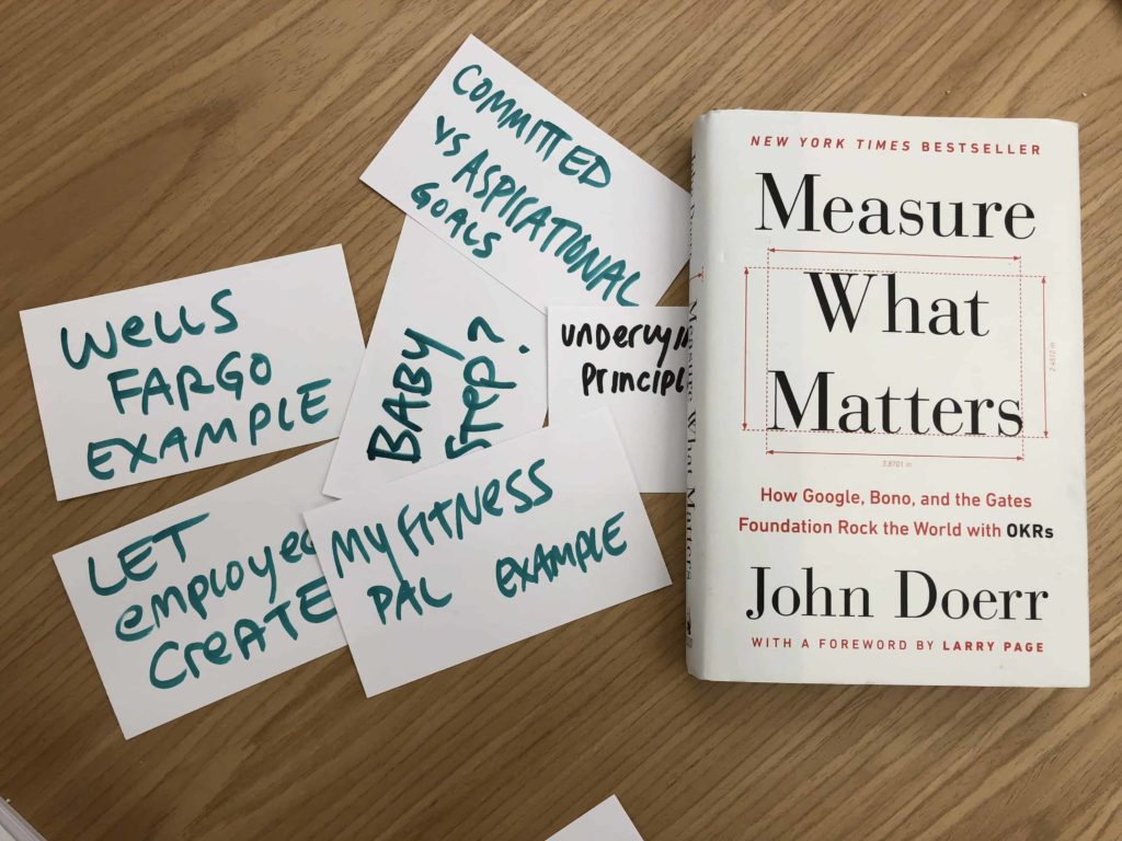 Hardcover of Measure What Matters book by John Doerr plus notecards