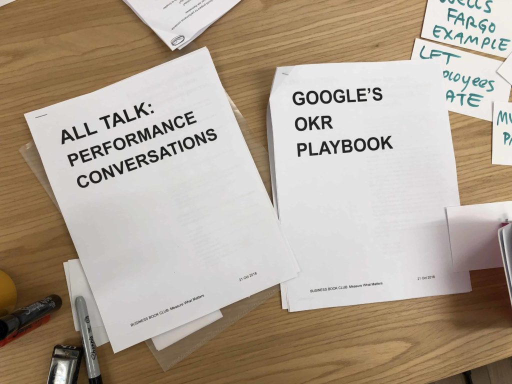 Handouts for OKR discussion, two sheets of paper
