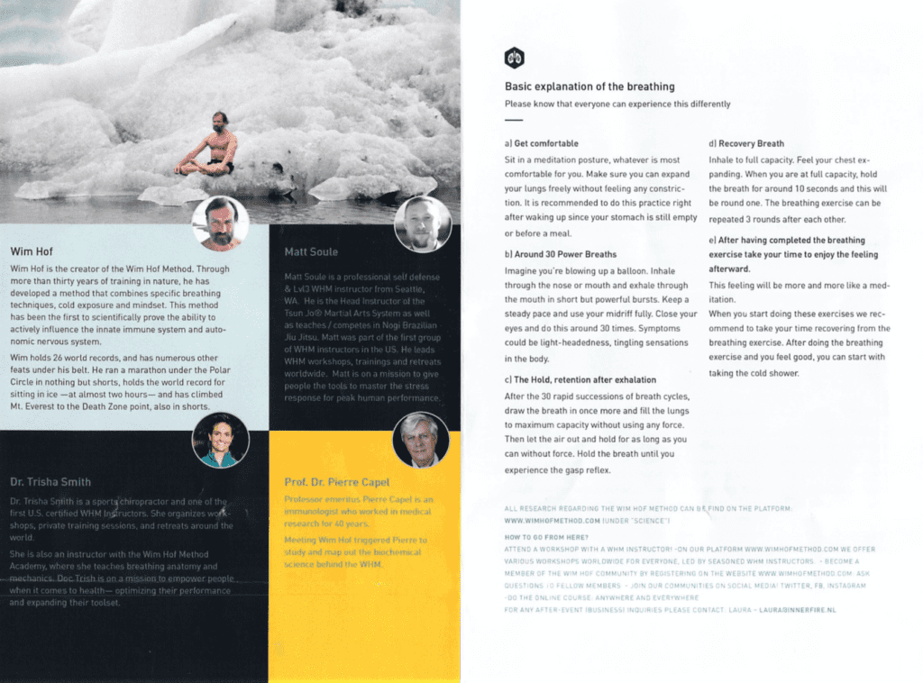 Includes bios of Wim Hof, Trisha Smith, Matt Soule, and a basic explanation of the breathing