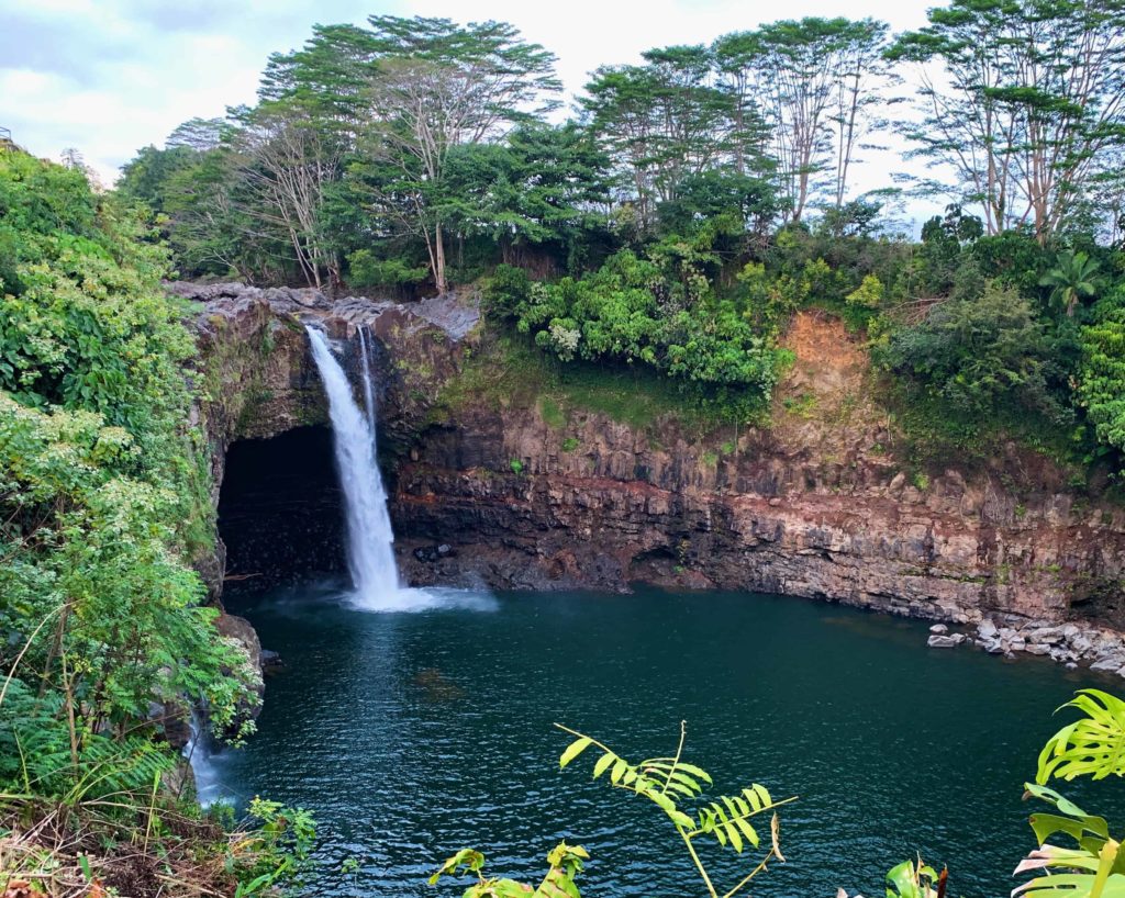 Waterfall with surrounding trees and vegetation in Hilo