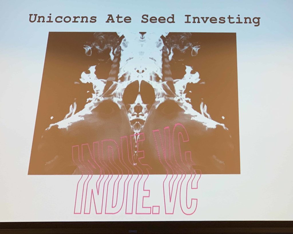 Image of a burning unicorn with text overlay that says "Unicorns ate seed investing"