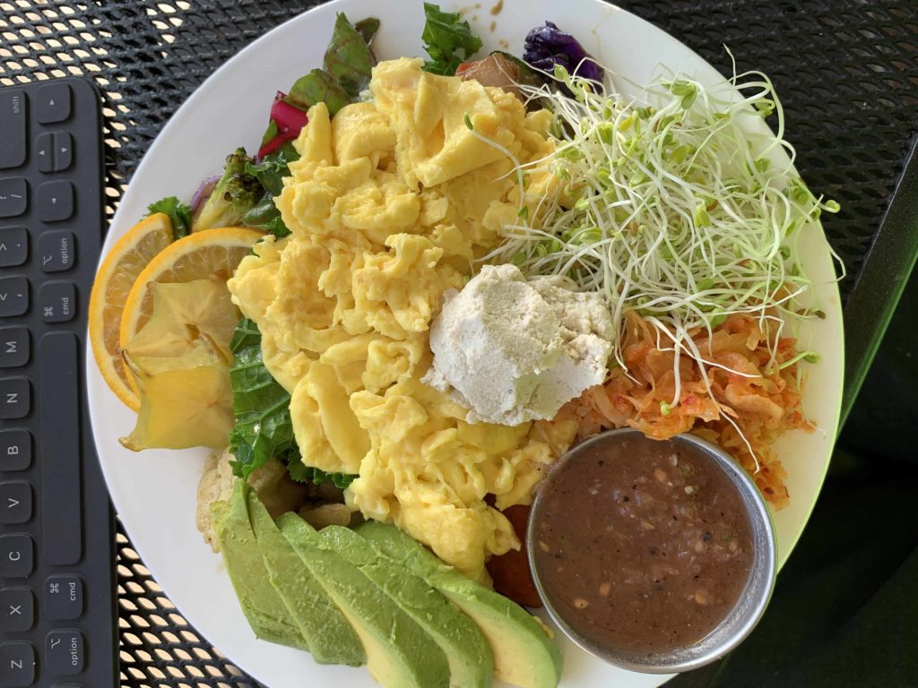 Food on a plate from Conscious Cafe in Hilo, Hawaii