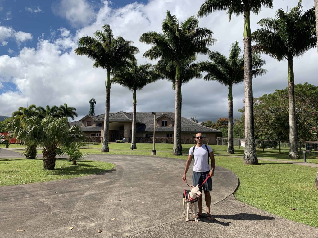 Amit Gupta standing outside a building in background plus about seven trees, cloudy sky in Kauai Hawaii. Green grass and a road. He’s holding a dog on a leash