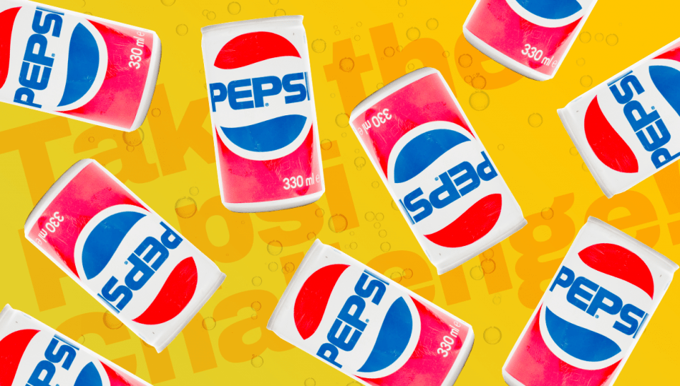Many small cans of Pepsi on a yellow background