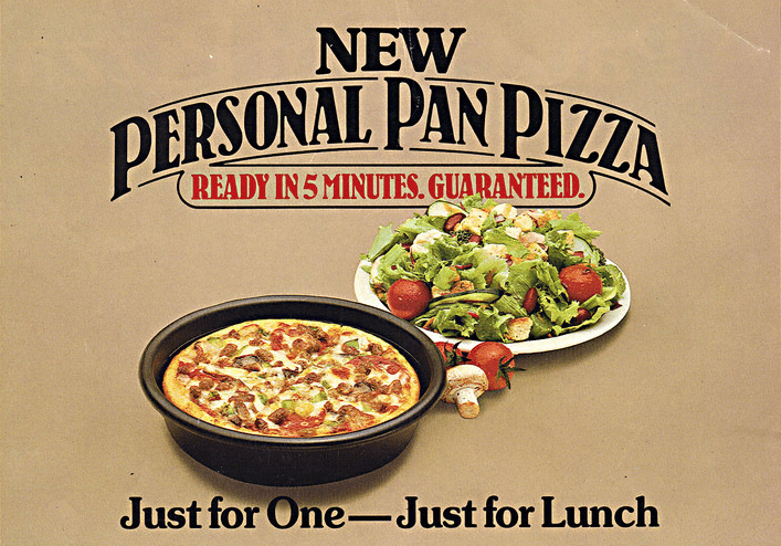 New Personal Pan Pizza, an ad from Pizza Hut showing the pizza and salad bar