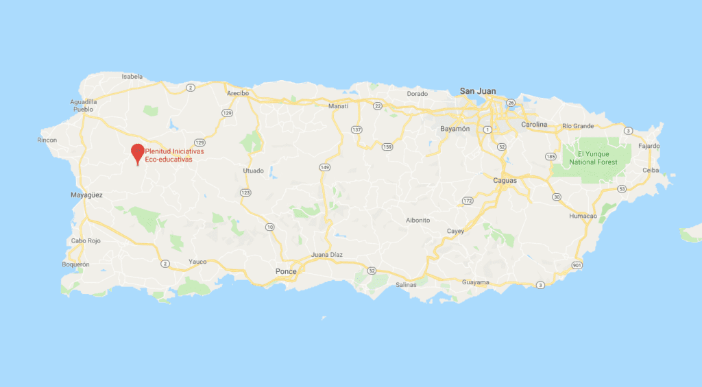 Map of Puerto Rico showing the location of Plenitud farm
