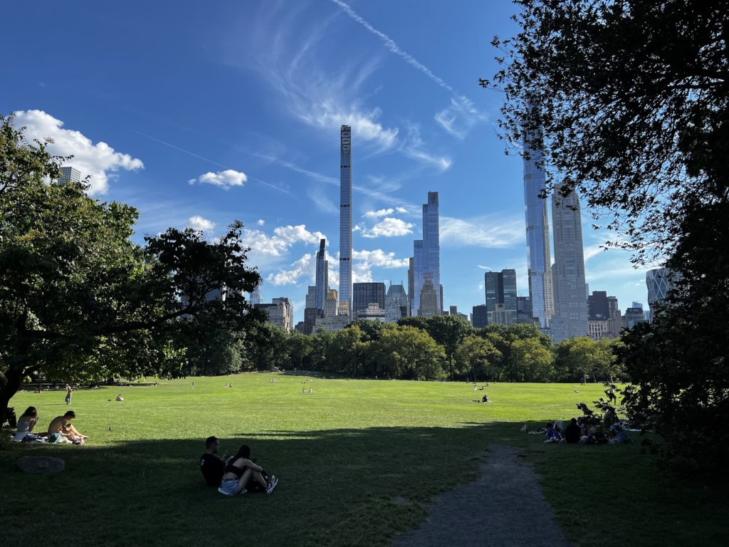 Central Park view of Sheep Meadow, facing south with skyscrapers in the background