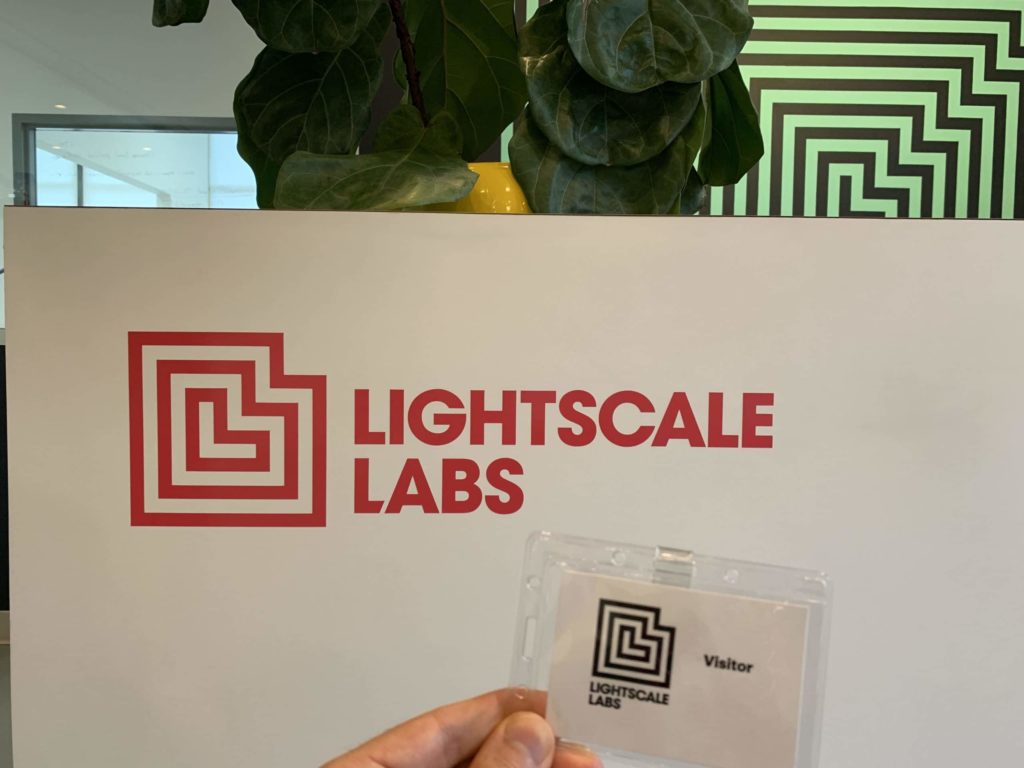 Lightscale Labs entryway with logo and visitor’s badge