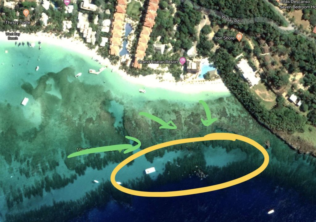 Satellite image from Google with circled area near the Grand Roatan Resort in Honduras