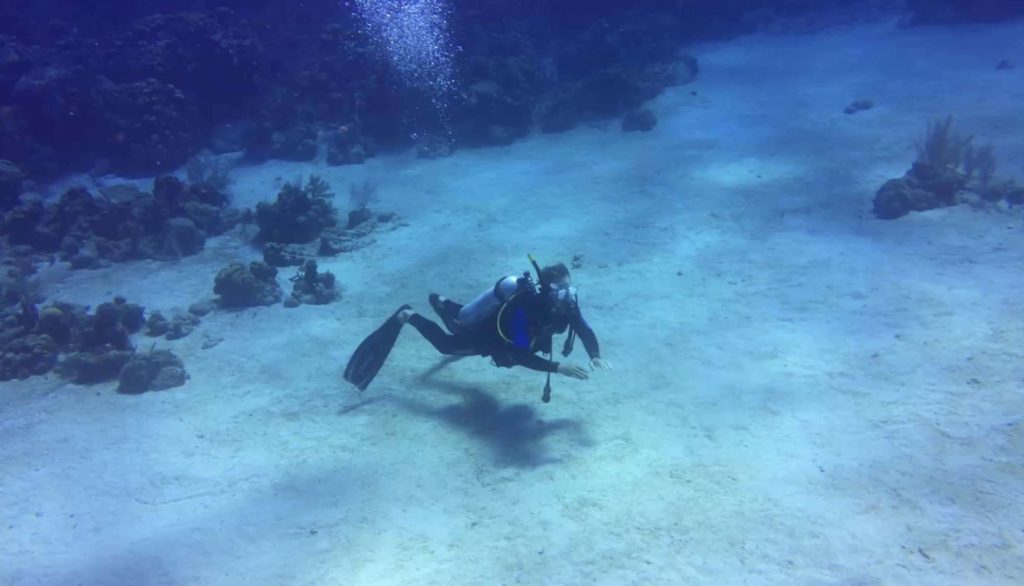 Man SCUBA diving in Roatan, floating above the bottom
