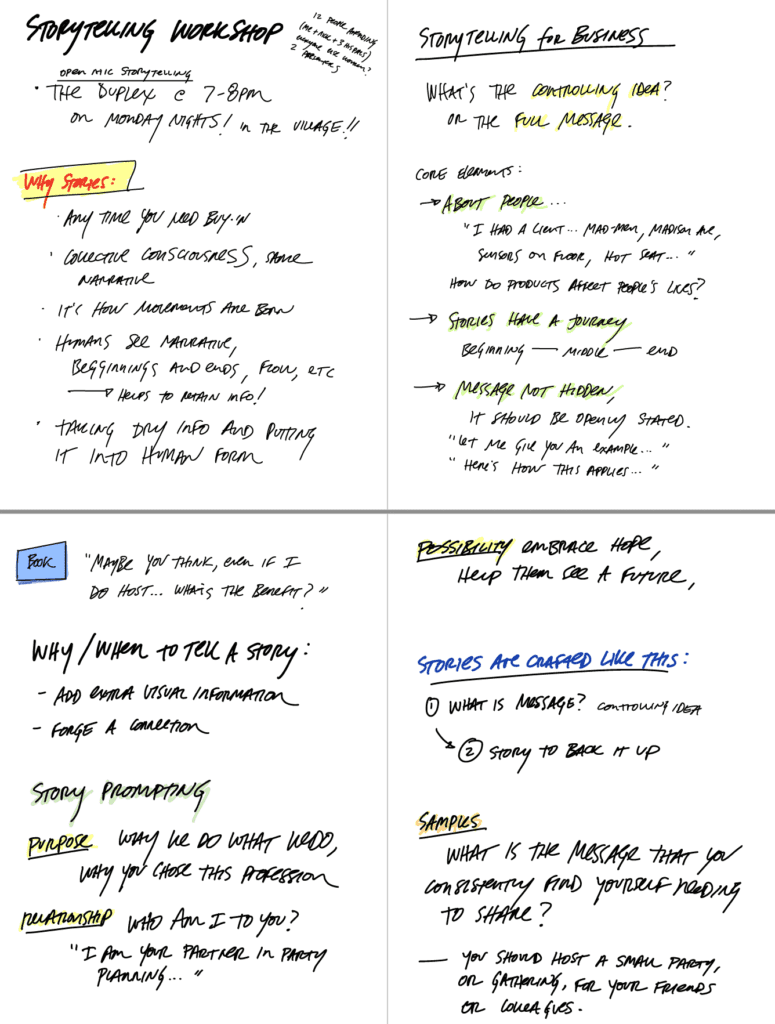 Four white pages with largely black handwriting about Storytelling for Business