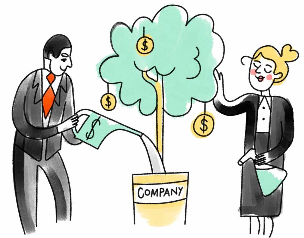 Cartoon of man in red tie (business attire) watering a plant, meant to represent a Company