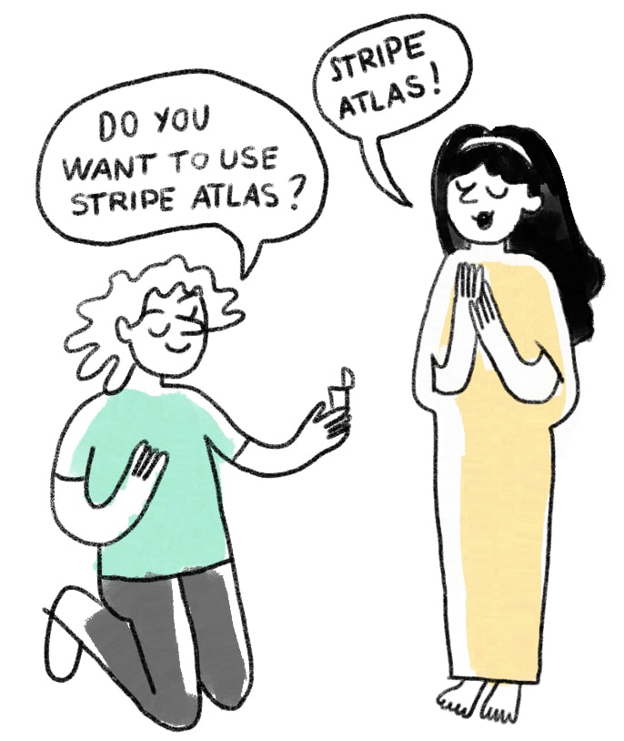 Illustration of a guy kneeling down, asking a woman: Do you want to use Stripe Atlas? Marry me!