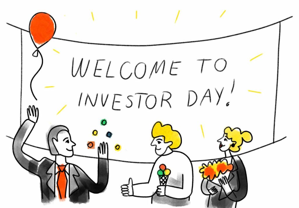 Cartoon scene that looks like an office party, balloon, three people, and a banner in the back that says: Welcome to Investor Day