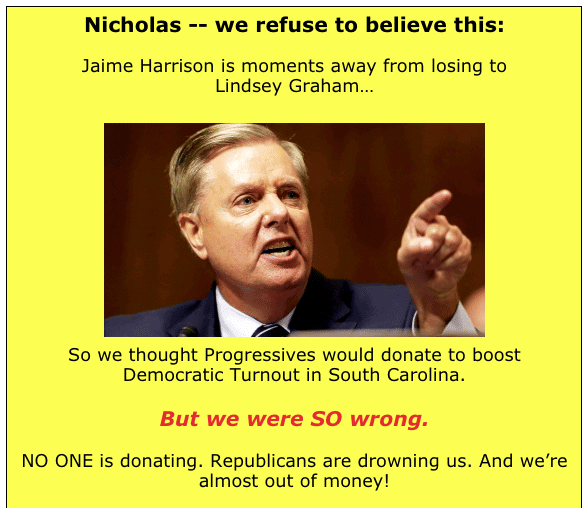 Yellow image with a picture of Senator Lindsay Graham and text around it