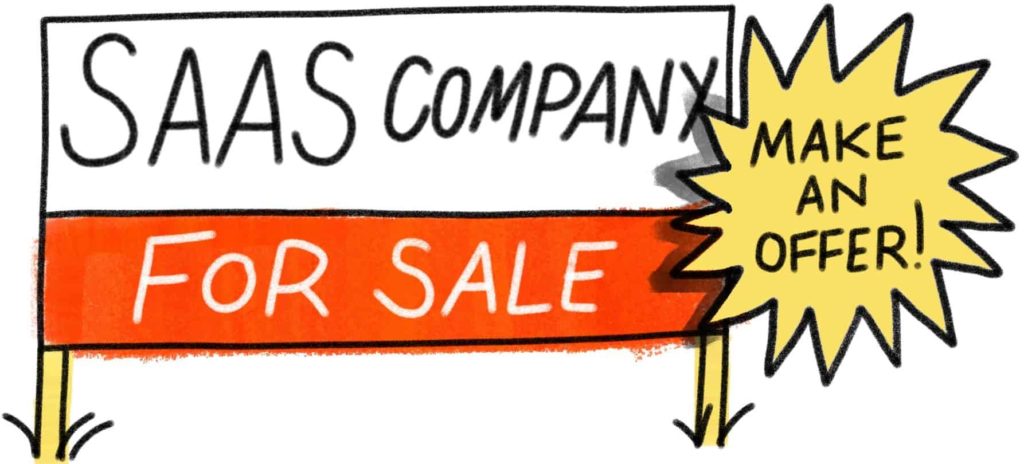 drawing of a roadside sign that says SAAS COMPANY FOR SALE, and yellow bullet MAKE AN OFFER!