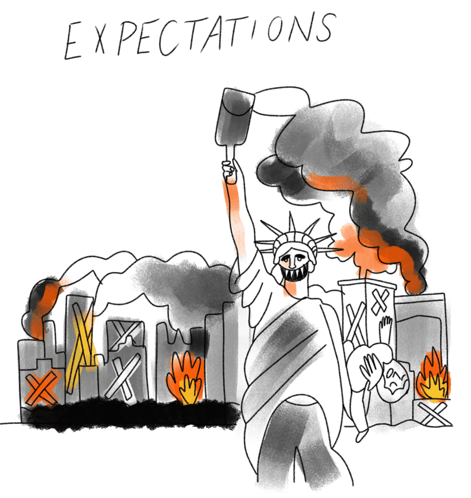 Expectations: cartoon of State of Liberty, fires in the background, skyscrapers