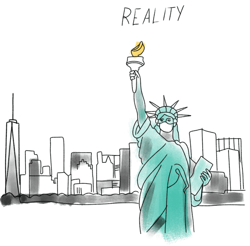 Reality: State of Liberty wearing a mask, skyscrapers in background