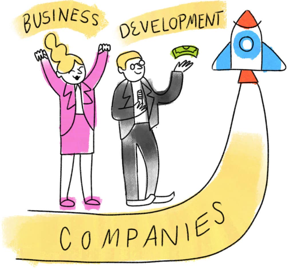 cartoon showing two people and a rocket taking off: Business Development Companies